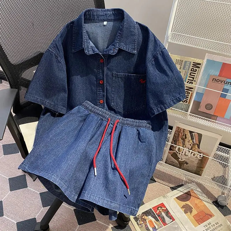 Denim Pant Set Women Two Piece Sets Turn Down Collar Shirt Tops Short Pants Lace Up Elastic Waist Y2k Streetwear Elegant Casual