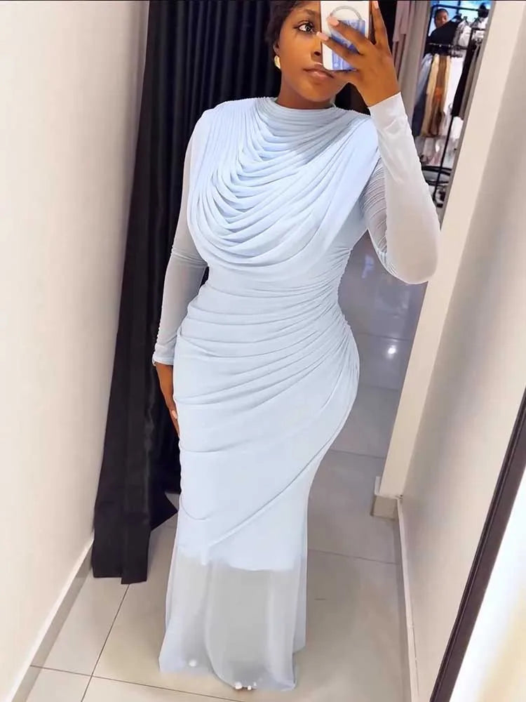 Chic and Elegant Women's Evening Dress Mesh Draped Collar Long Sleeve Bodycon Mid Dress Slim High Waisted Sexy Ladies Dress