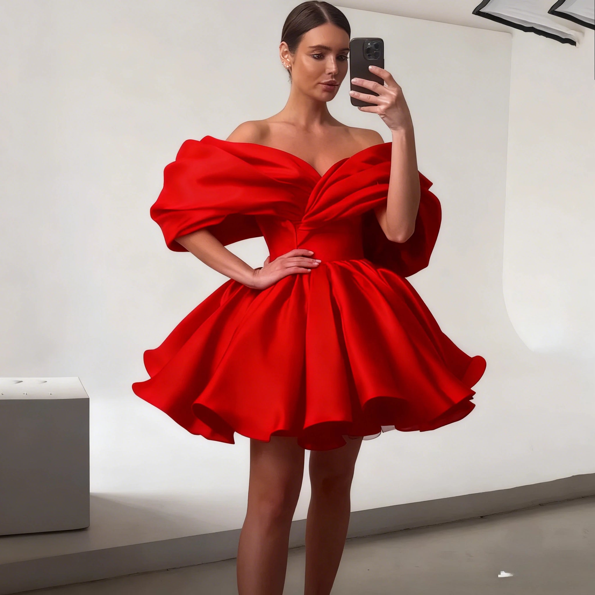 Black Mini Evening Dress Pleat Off the Shoulder Short-Sleeve Women Party A-Line Puff Short Custom Made V-Neck Gowns for Ladies