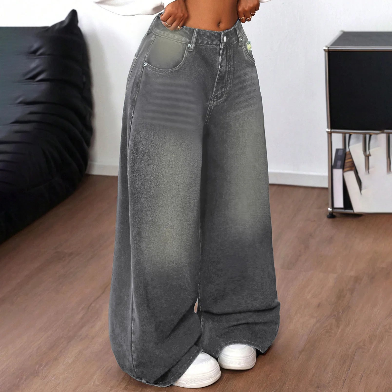 Grey Washed Loose Women's Long Floor-Length Wide Leg Jeans Casual Straight Cut Trousers Comfortable Cotton Denim Jeans
