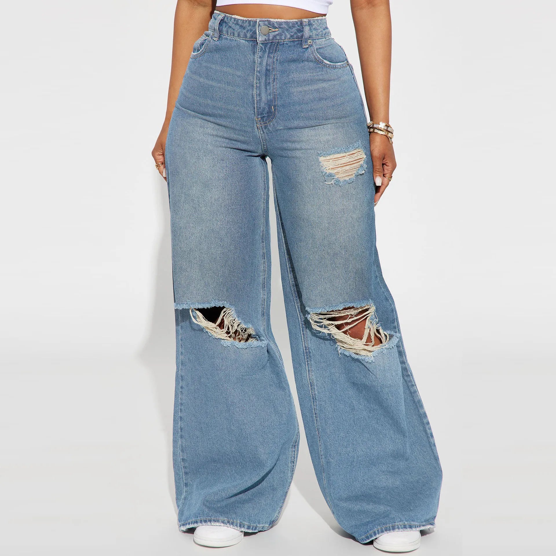 The New Fashion High-waisted Wide-leg Jeans for Autumn and Winter.Personality Washed Holes Loose Casual Floor-length Jeans Women