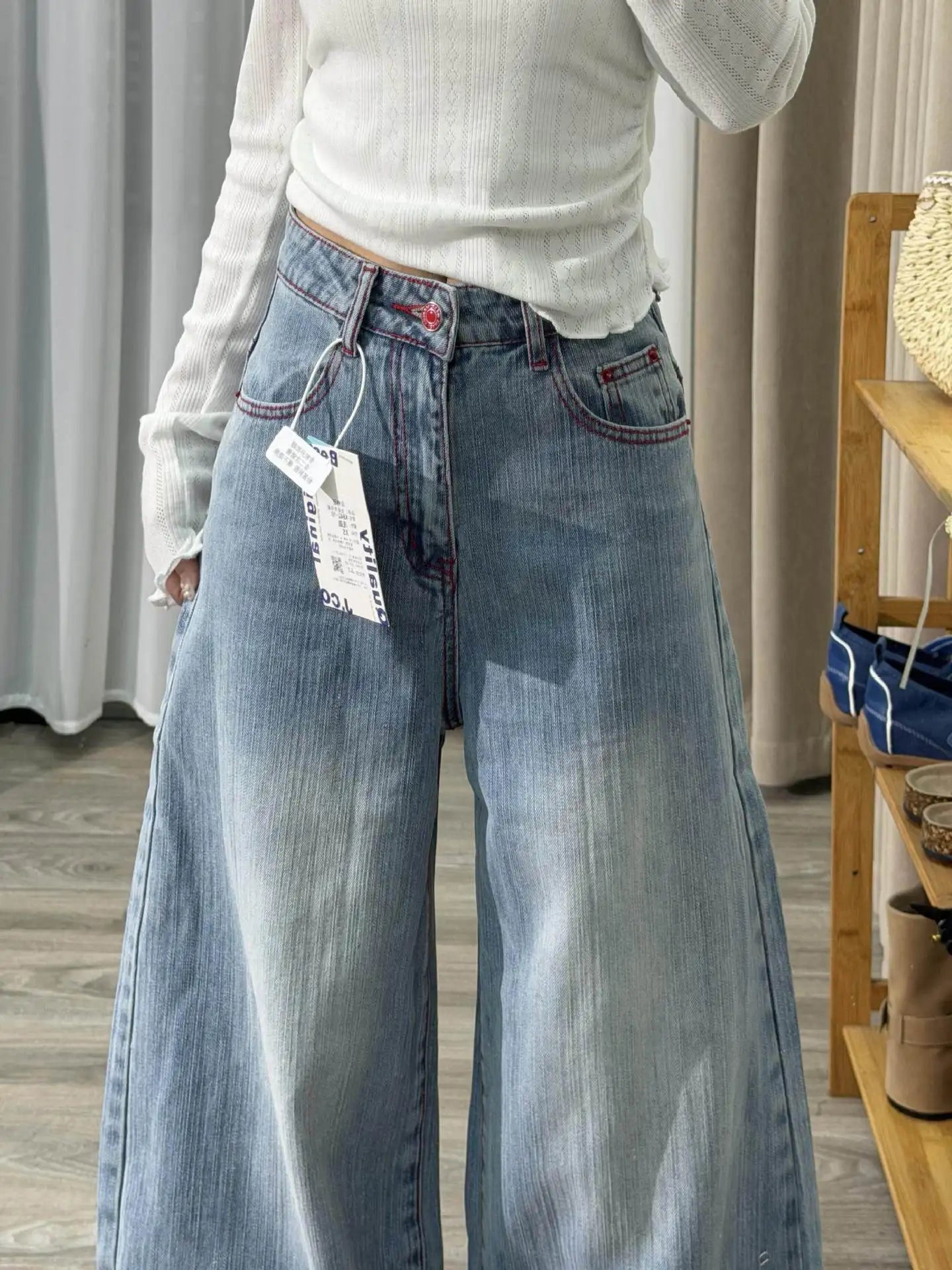 Women's Baggy Jeans Y2K Wide Leg Denim Pants Vintage Washed High Waisted Loose Trousers Red Stitching Streetwear 90s Aesthetic