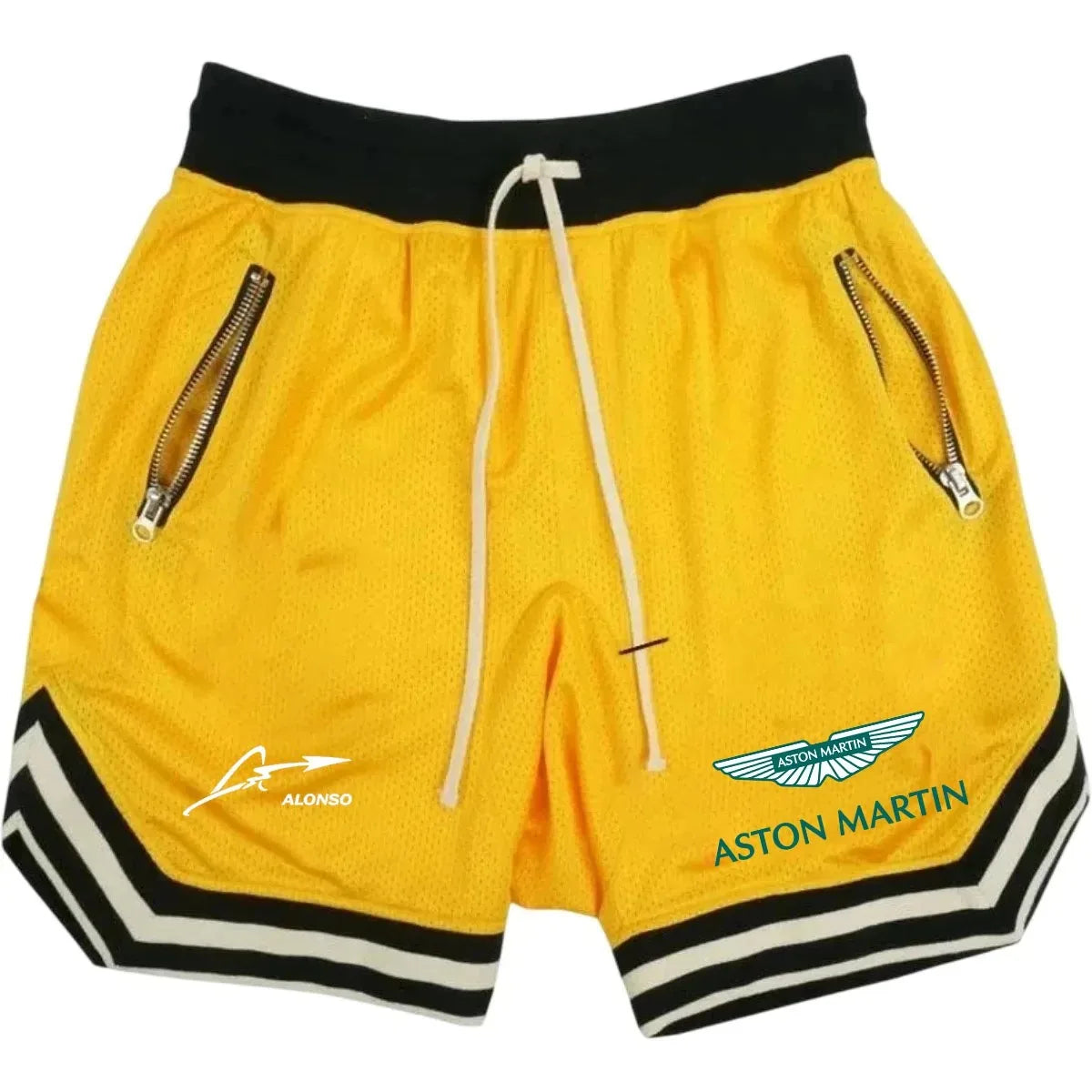 Men's Aston Martin Alonso Printed Mesh Basketball Shorts Breathable Elastic Waist Drawstring Sport Shorts with Zipper Pockets fo