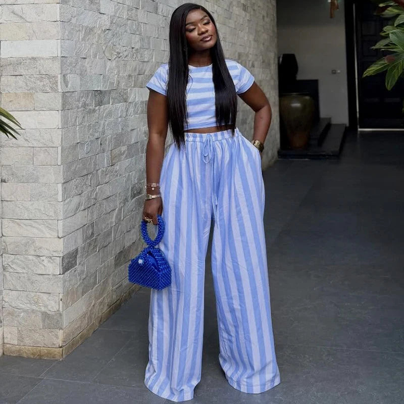 New African Fashion Women Two Piece Set Striped Printed Slim Crop Top And Loose Wide Leg Pants Set