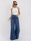 Trendy Womens Jeans Baggy Jeans Wide Pants High Waist Loose Fit Two Button Solid Color Wide Leg Denim Trousers For Ladies
