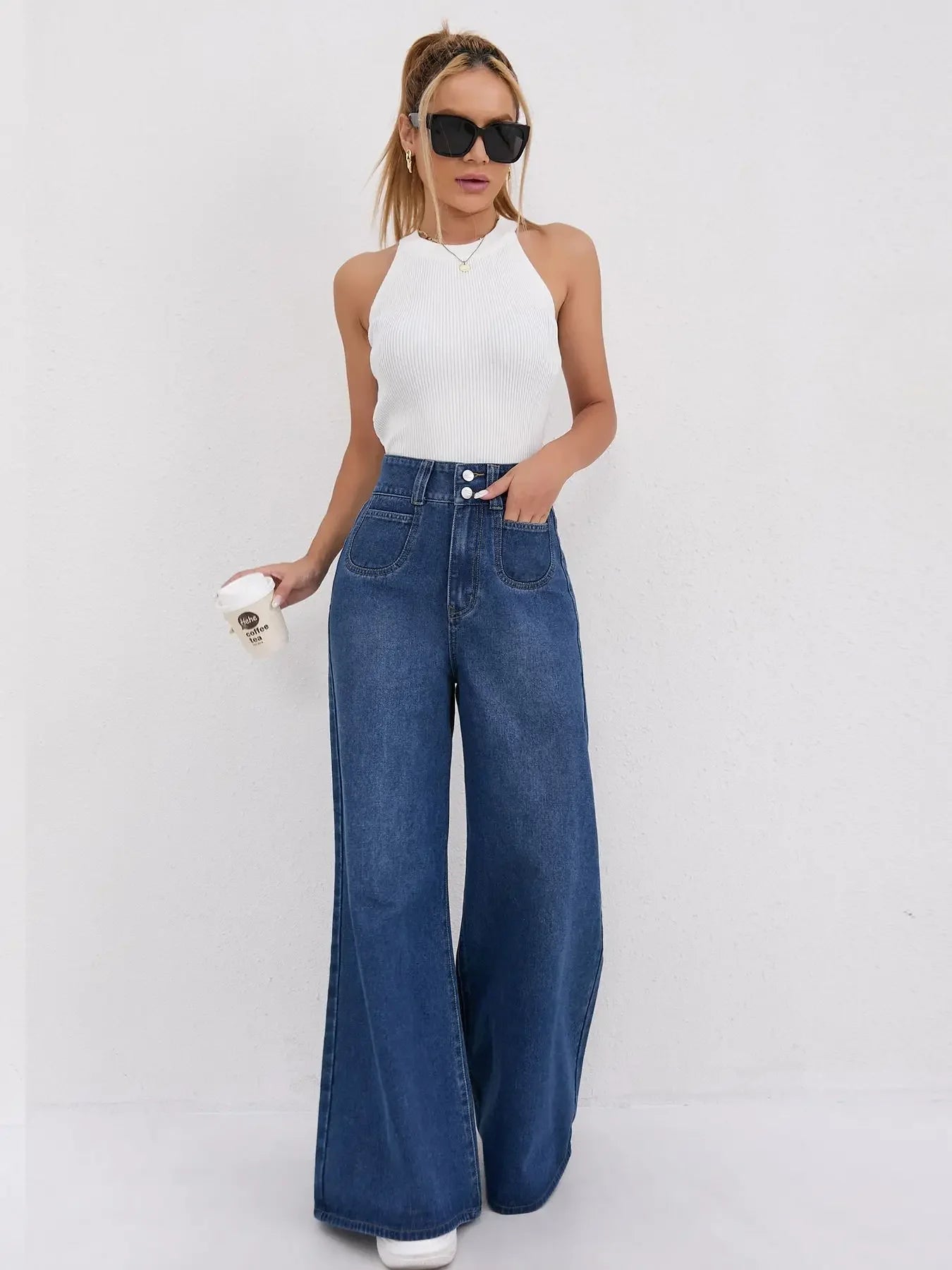 Trendy Womens Jeans Baggy Jeans Wide Pants High Waist Loose Fit Two Button Solid Color Wide Leg Denim Trousers For Ladies