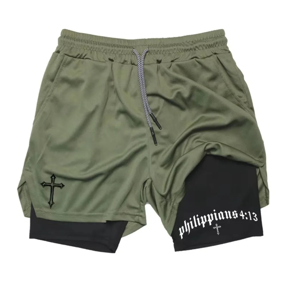 Latest Cross Bible Graphic 2-in-1 Athletic Shorts Men Fitness Christian Gym Workout Running with Cell Phone Pocket Towel Shorts