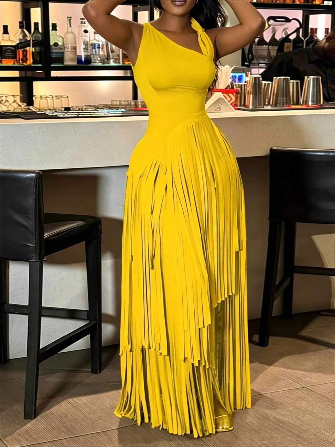 Women's Summer Sexy Aura Fashion Design Solid Color Tassel Dress Skirt Bodycon Maxi Dress