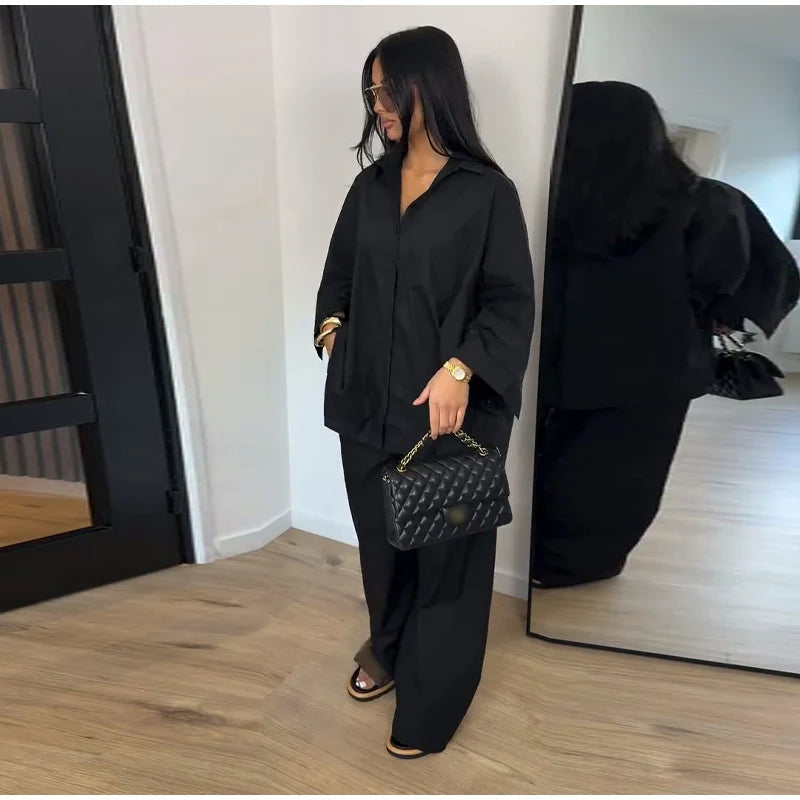 Lapel Short Sleeve Pocket Solid Color Shirt Pants Set Loose Fit Straight Leg Trouser 2026 Spring Casual Women Daily Outfit