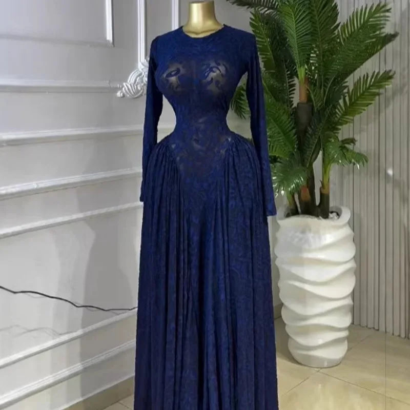 New Fashion Mesh Printed Full Sleeve Long Dress Sexy Patchwork Slim Wasit Big Swing A-line Shape Maxi Dress