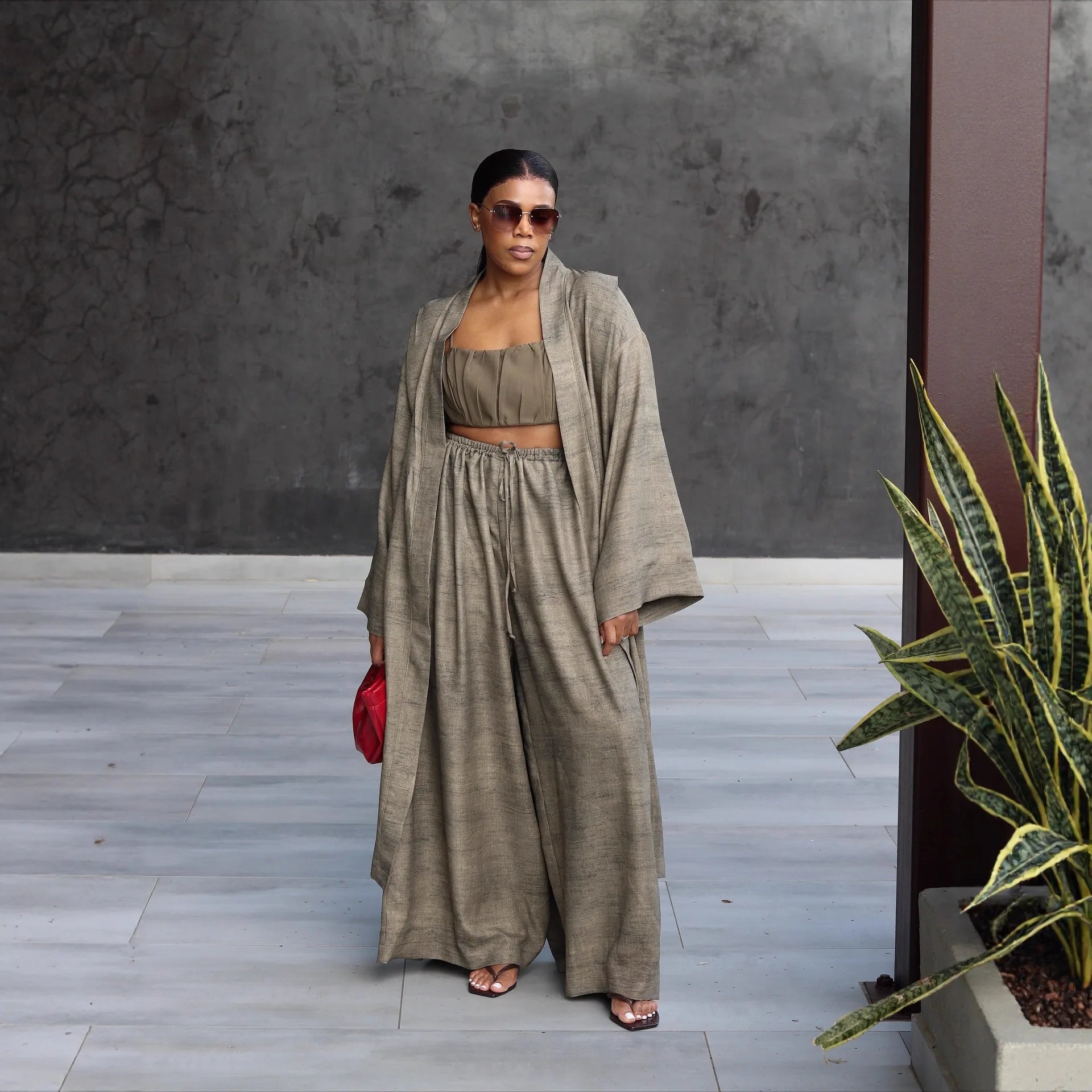 Pant Set Women 3 Piece Sets Strapless Short Tops Full Sleeve Mi Dlength Coats Wide Leg Long Pants High Waist Y2k Streetwear Work