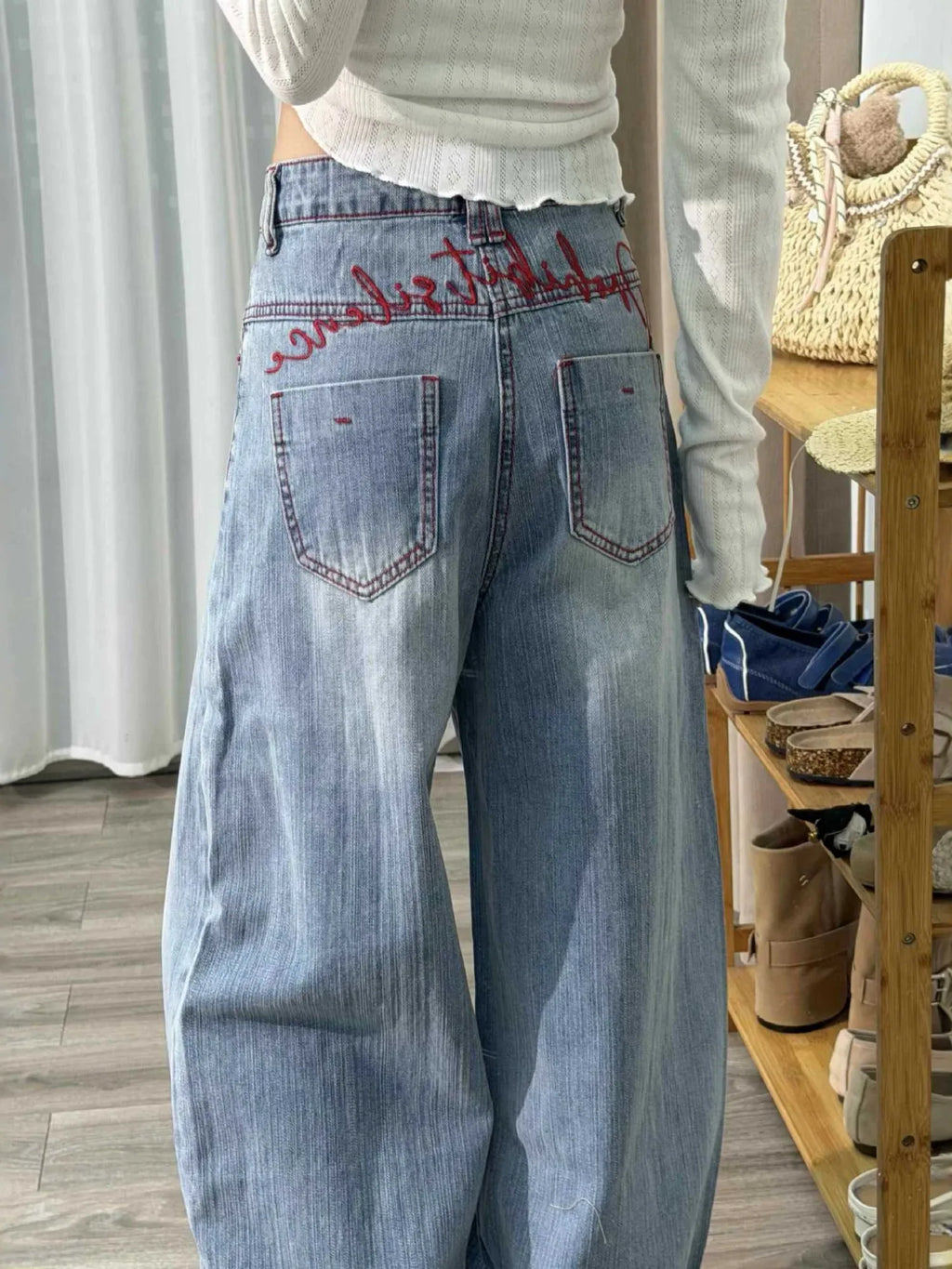 Women's Baggy Jeans Y2K Wide Leg Denim Pants Vintage Washed High Waisted Loose Trousers Red Stitching Streetwear 90s Aesthetic