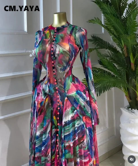 CM.YAYA Women O-neck Long Sleeve Big Swing Tie Dye Print Long Dress 2026 Sexy Parties Evening Vacation Maxi Dresses Vestidos