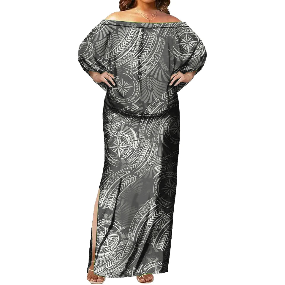 Tapa Tribal Design Sexy off Shoulder Sleeveless Dress Tropical Floral Print Polynesian Fashion Maxi Dress Tight