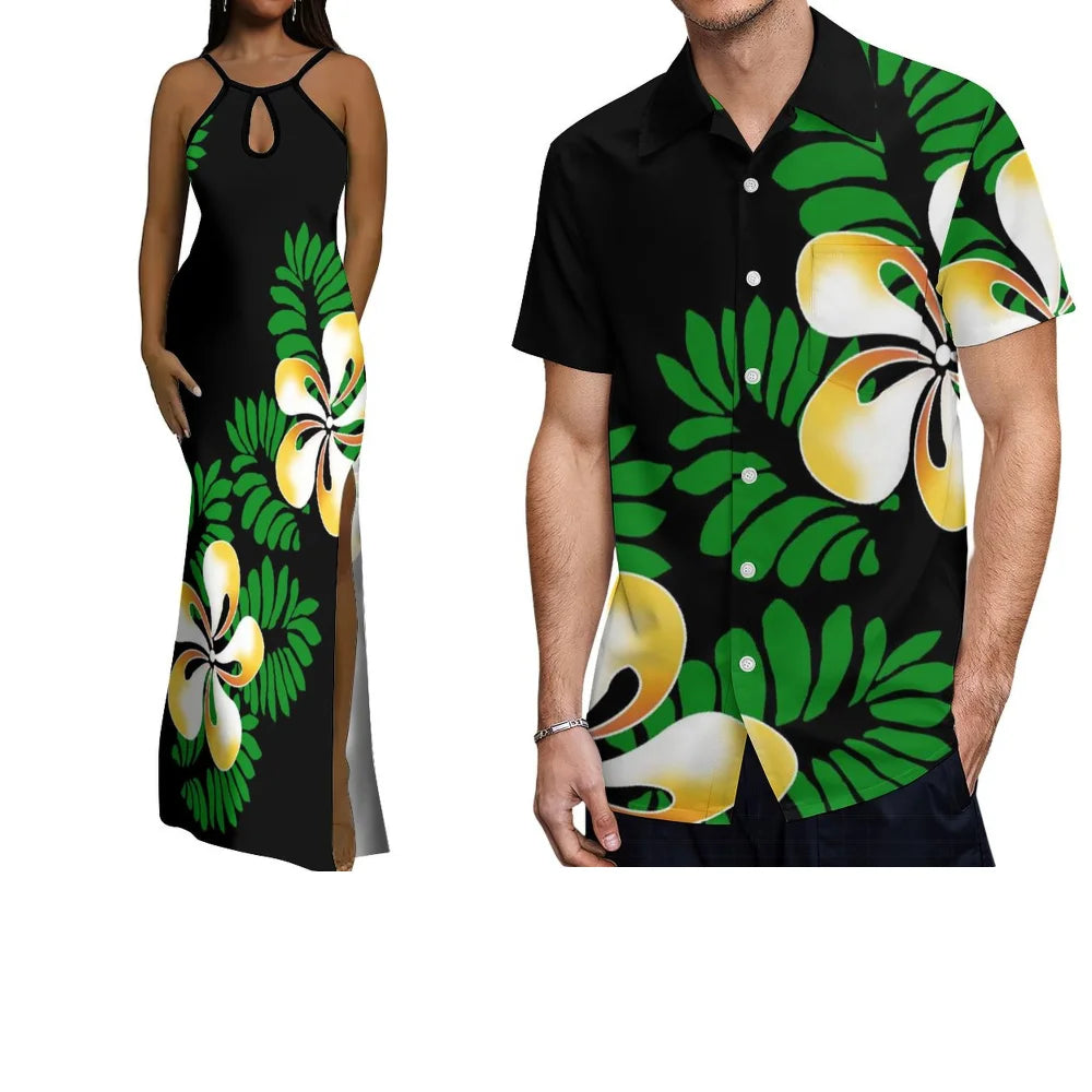 Polynesian Custom-Made Couple Set  Hawaiian-Style Printed Design  Vacation-Style Women'S Halter Dress  Men'S Pocket Shirt Top