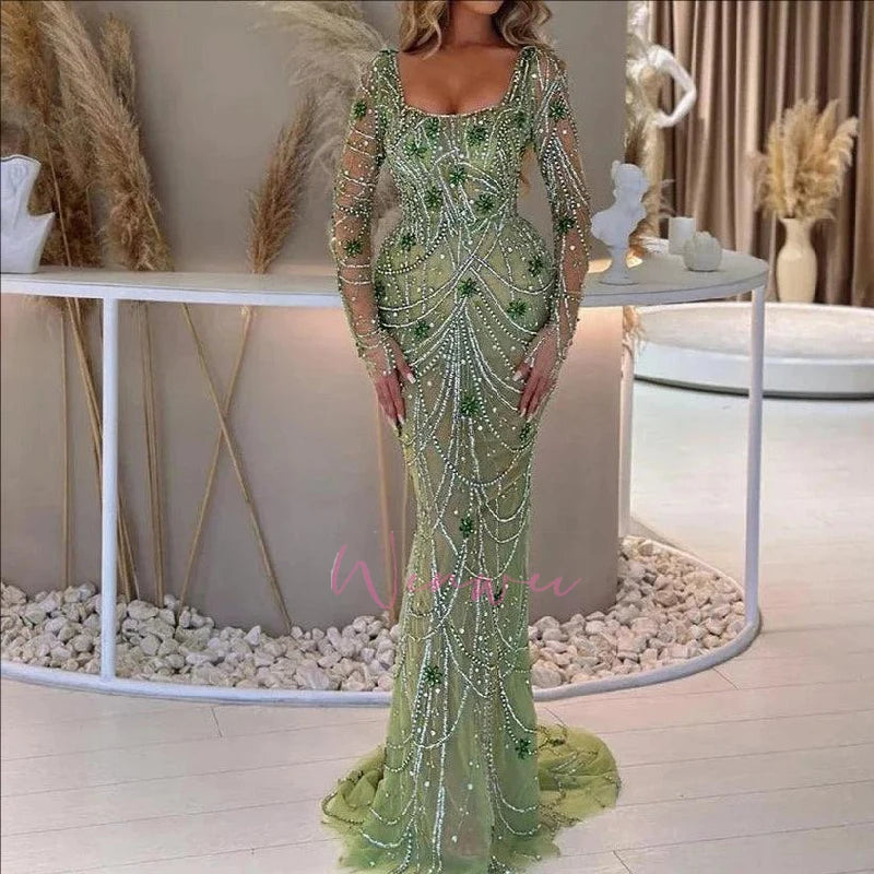 1Customized Evening Dresses Luxury Green Mermaid Evening Dress for Women Square collar Crystal Beads Arabic Long Sleeves