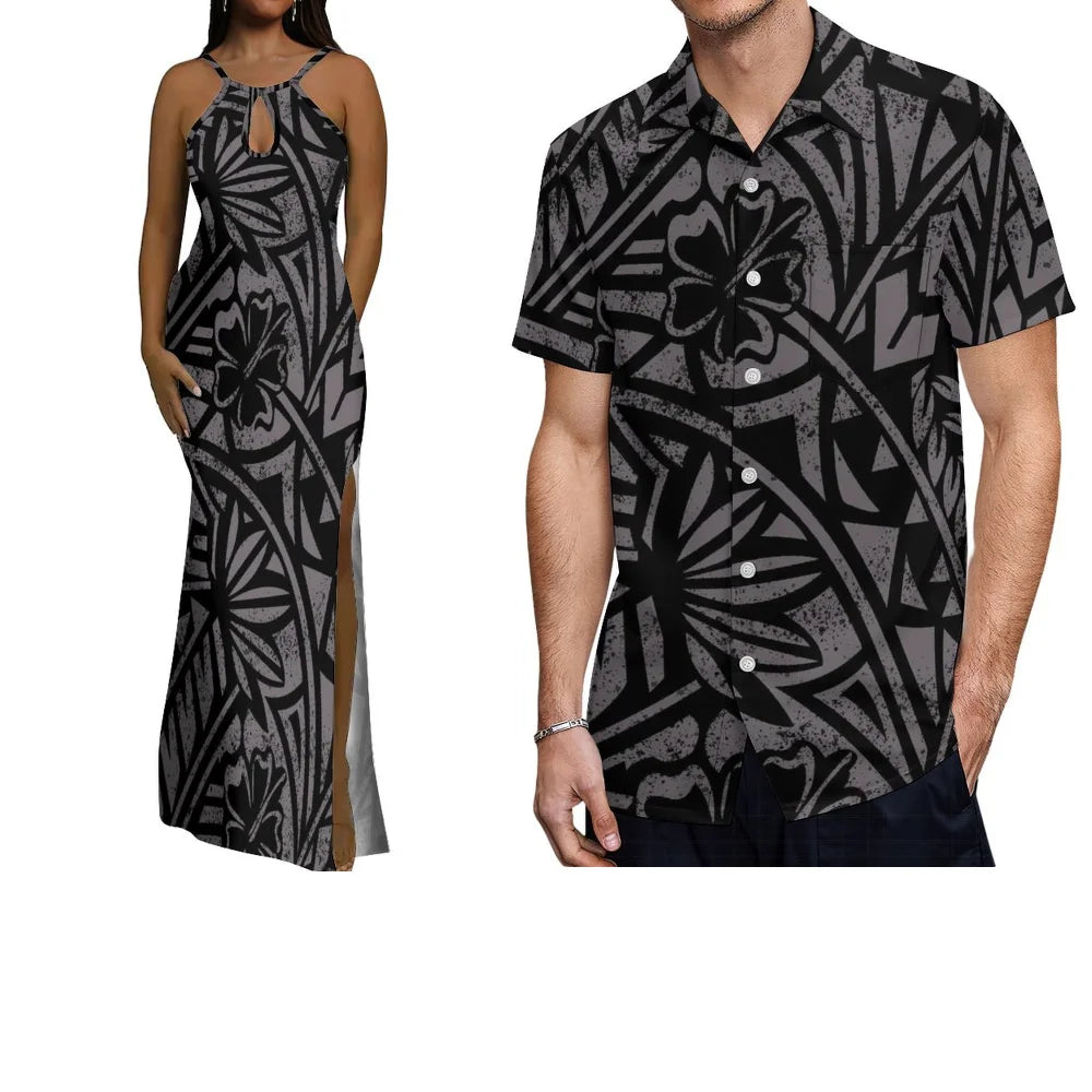 Polynesian Custom-Made Couple Set  Hawaiian-Style Printed Design  Vacation-Style Women'S Halter Dress  Men'S Pocket Shirt Top
