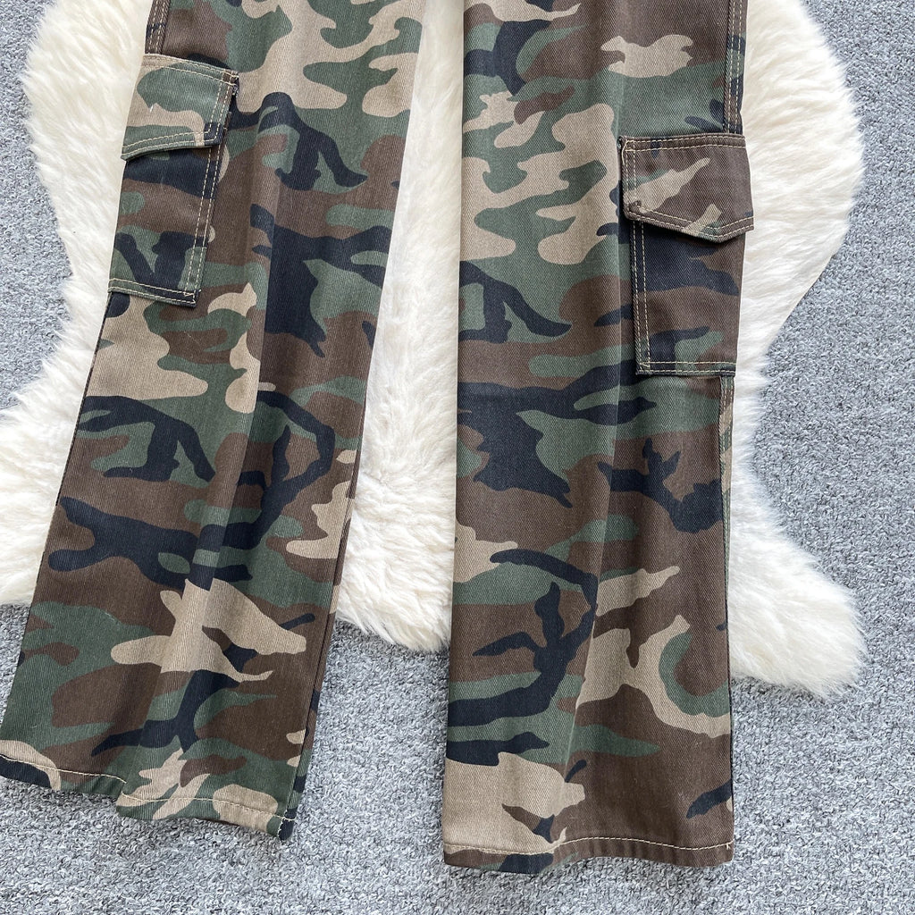 SINGREINY Camouflage Printed Wide Leg Pants women 2025 Autumn Workwear Style Casual Britches Straight Leg Denim Vintage Trousers