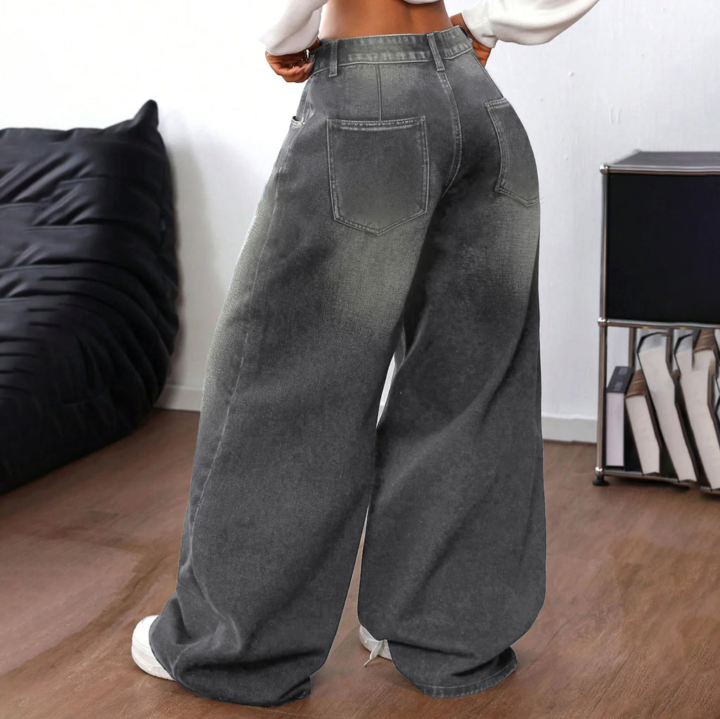 Grey Washed Loose Women's Long Floor-Length Wide Leg Jeans Casual Straight Cut Trousers Comfortable Cotton Denim Jeans
