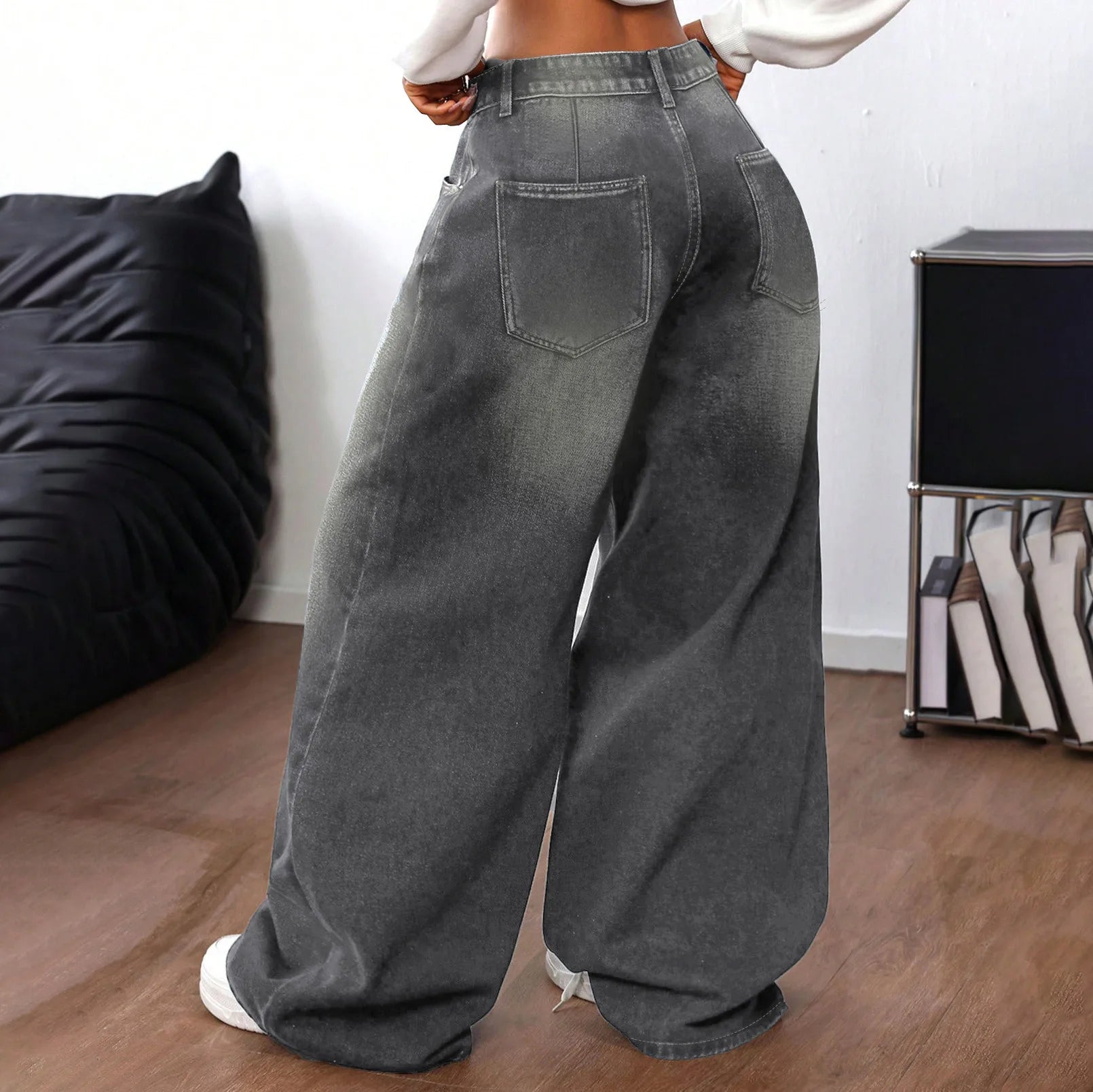 Grey Washed Loose Women's Long Floor-Length Wide Leg Jeans Casual Straight Cut Trousers Comfortable Cotton Denim Jeans