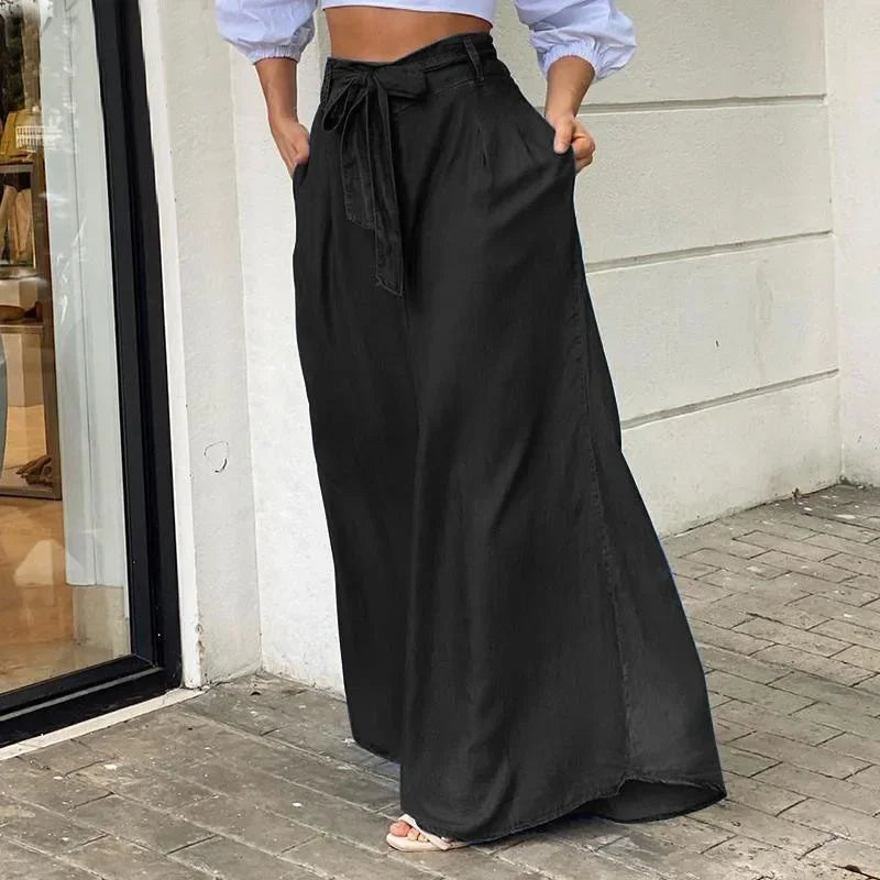 Women Denim Long Loose Wide Leg Pants High Waist Full Length Solid Color Trousers Jeans