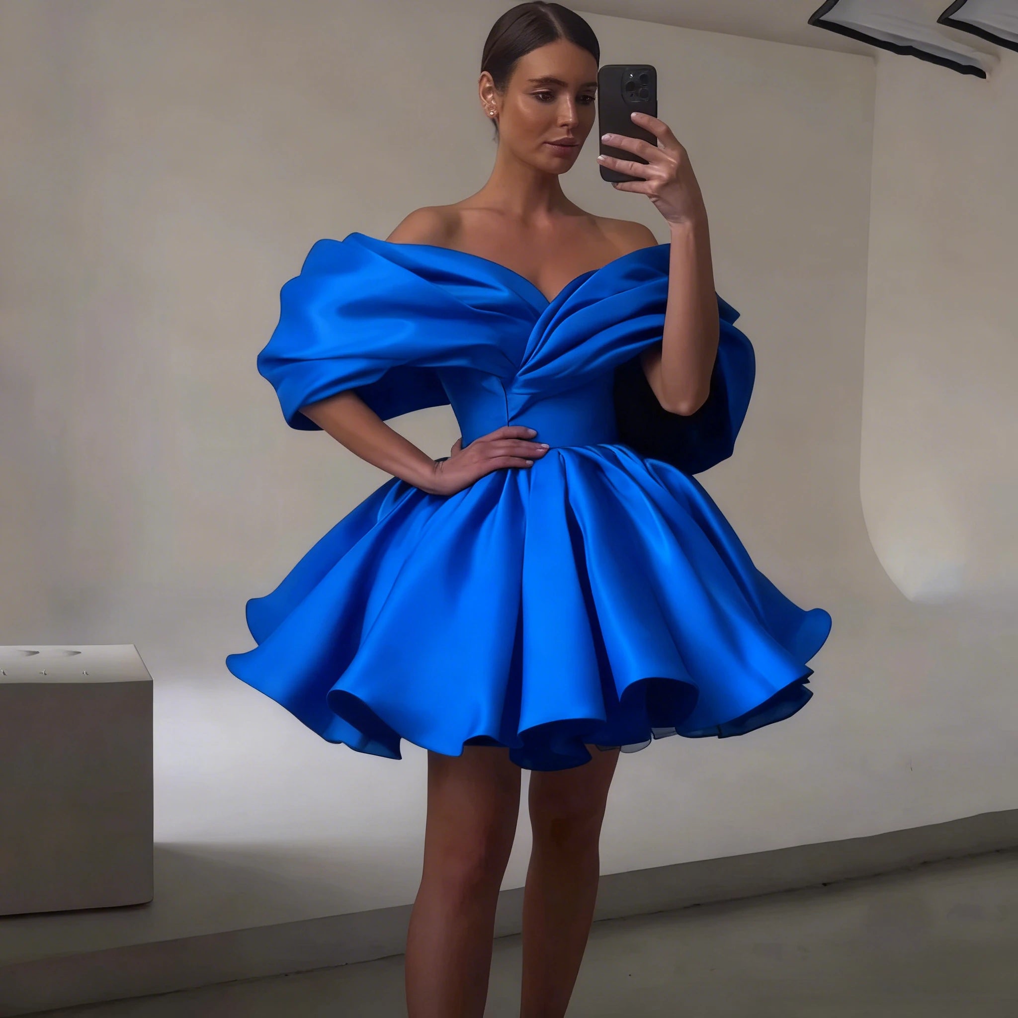 Black Mini Evening Dress Pleat Off the Shoulder Short-Sleeve Women Party A-Line Puff Short Custom Made V-Neck Gowns for Ladies