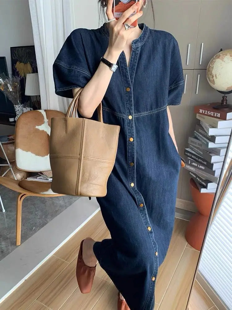 Long Dress Women Denim Dresses V Neck Short Sleeve A Line Vestidos Elegant Splice Single Breasted Y2k Streetwear Work Vintage