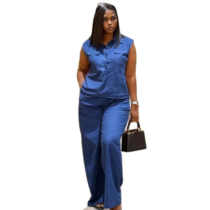 Women Pant Set Two Piece Sets Y2k Streetwear Pockets Turn Down Collar Sleeveless Shirt Wide Leg Pants Elastic Waist Work Spring