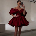 Black Mini Evening Dress Pleat Off the Shoulder Short-Sleeve Women Party A-Line Puff Short Custom Made V-Neck Gowns for Ladies