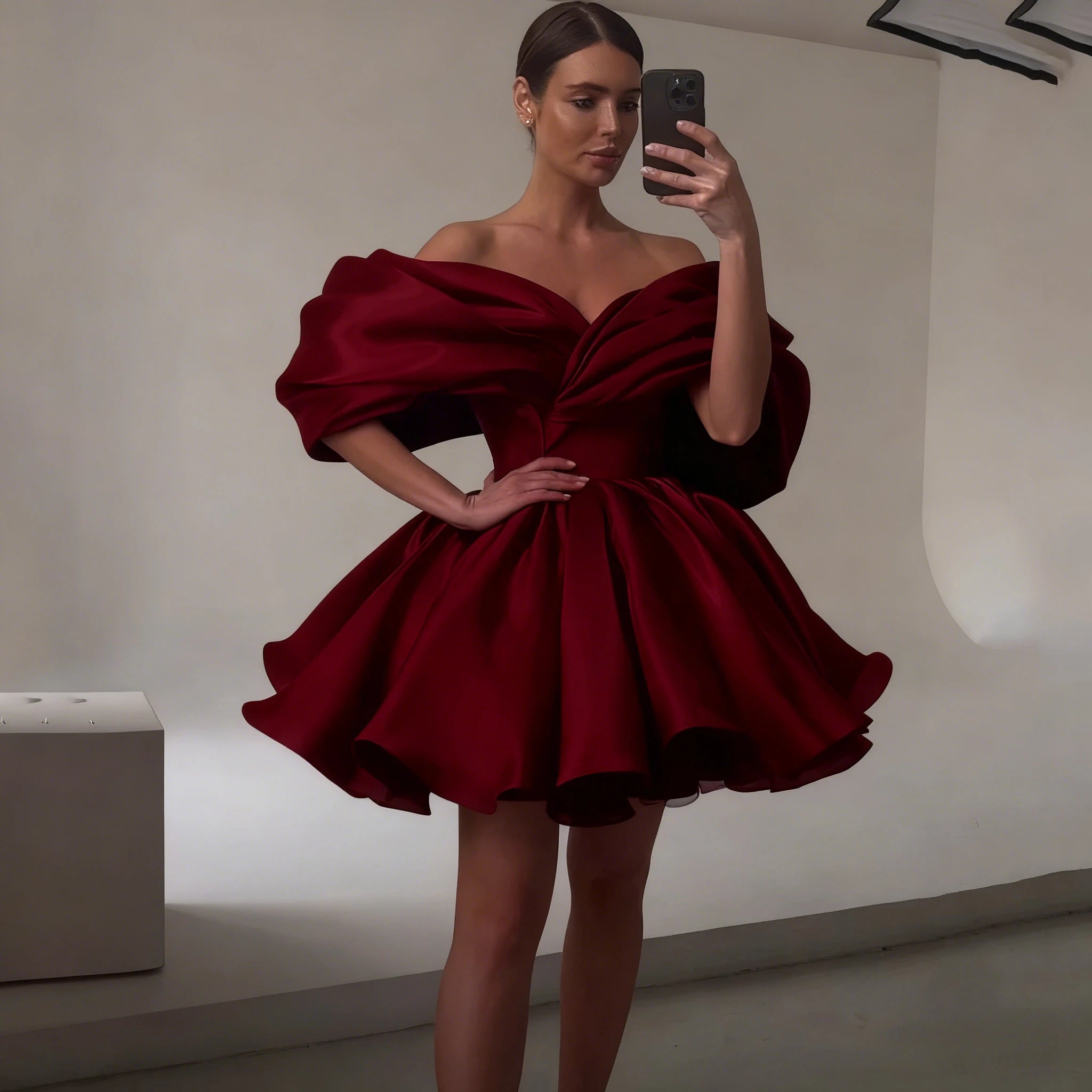 Black Mini Evening Dress Pleat Off the Shoulder Short-Sleeve Women Party A-Line Puff Short Custom Made V-Neck Gowns for Ladies