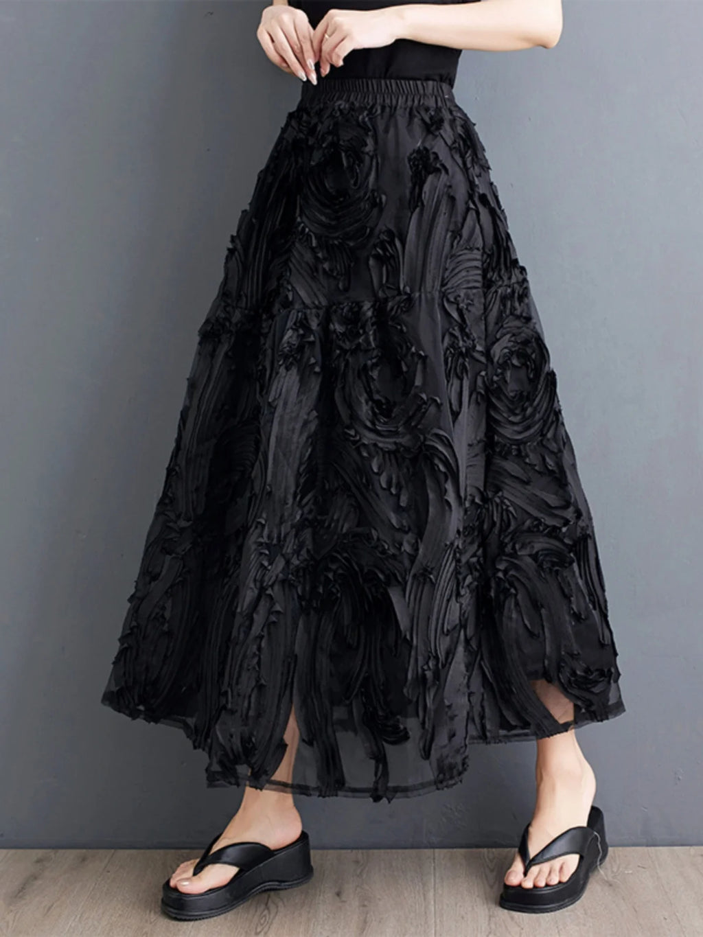 Black Skirt for Women Summer Fashin Heavyweight Chic Design Pleated A-line Easy Match Elastic Waist Dress Female Creative Skirt