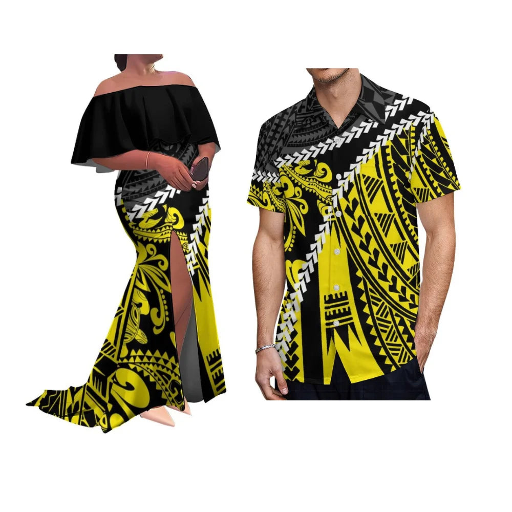 Customized Patterned Soft Fabric Tribal Ethnic Couple'S Outfit Polynesian Women'S Ruffled Collar Floor-Length Dress With Slit
