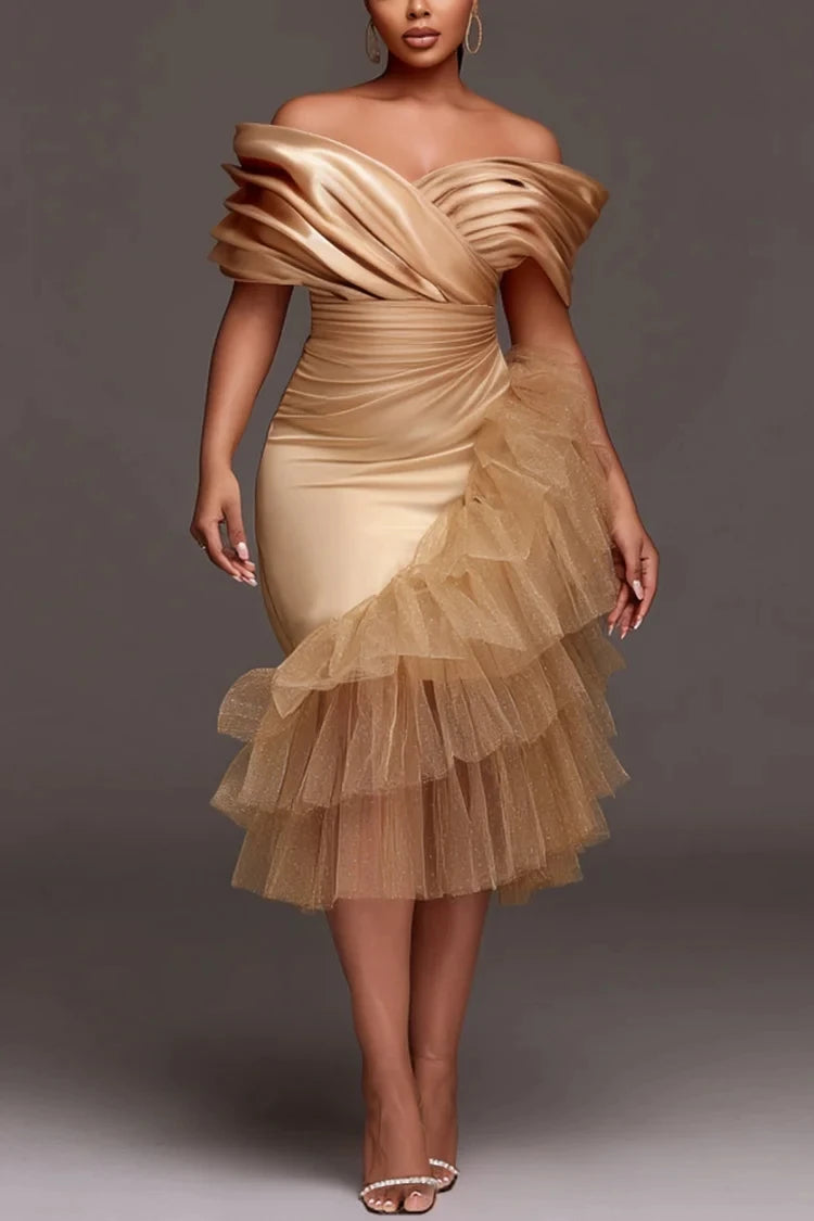 Customized Gold Prom Dresses Plus Size Off Shoulder Trumpet Ruffles Tulle Elastic Satin Pleats Formal Party Evening Gowns