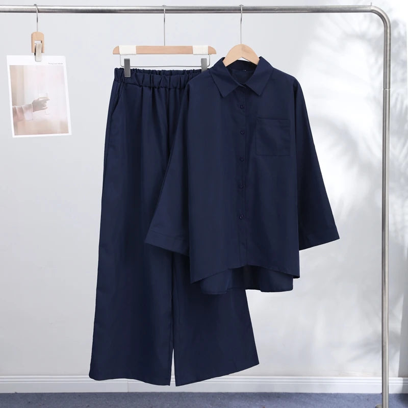 Lapel Short Sleeve Pocket Solid Color Shirt Pants Set Loose Fit Straight Leg Trouser 2026 Spring Casual Women Daily Outfit
