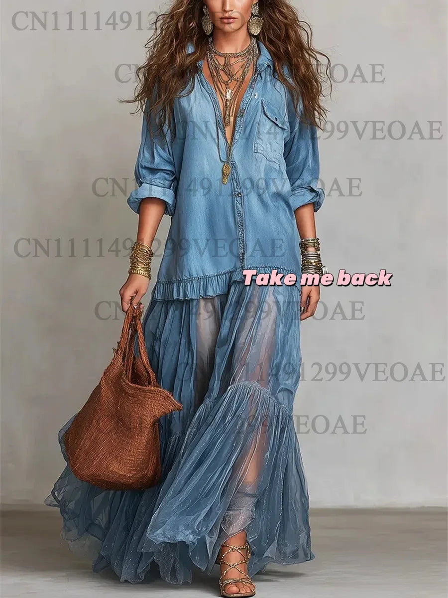 Women's Denim Maxi Dress Mesh Splice Long Sleeve Turn Down Collar Single-breasted Belted Organza Hem Casual Elegant Shirt Dress