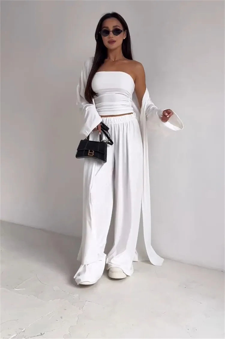 2 Piece Set Women's Summer Suit Black Crop Top Beige Wide Leg Pants Maxi Length White Long Pants Ruched Waist Solid Color