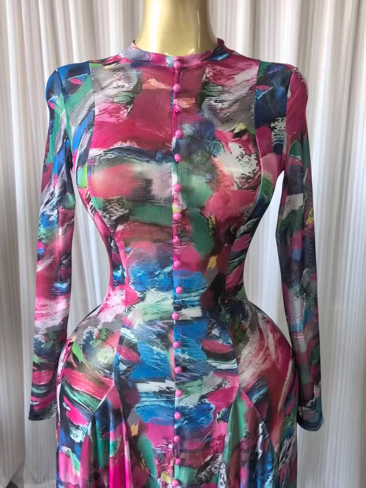 CM.YAYA Women O-neck Long Sleeve Big Swing Tie Dye Print Long Dress 2026 Sexy Parties Evening Vacation Maxi Dresses Vestidos