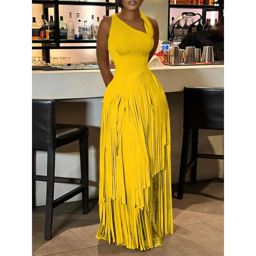 Women's Summer Sexy Aura Fashion Design Solid Color Tassel Dress Skirt Bodycon Maxi Dress