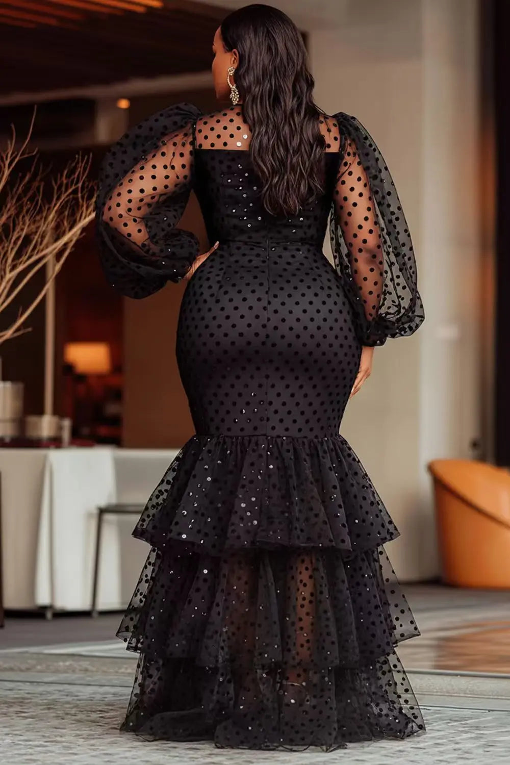 Sexy Large Size Bubble Flocking Polka Dot Dress Cross-Border Women's Fashion Autumn Winter New Arrival Elegant Commute Style