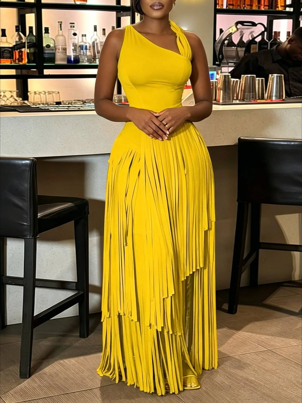 Women's Summer Sexy Aura Fashion Design Solid Color Tassel Dress Skirt Bodycon Maxi Dress