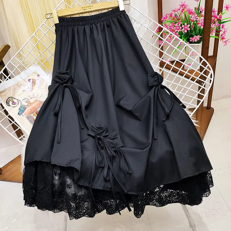 Japanese Style Women's Dull Black Long Dress High-Waisted Bow Spliced Lace A- Line Mid-Length Skirt Female Fashion