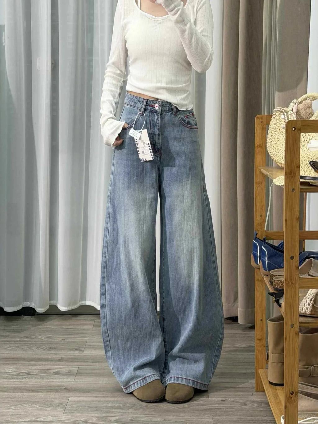 Women's Baggy Jeans Y2K Wide Leg Denim Pants Vintage Washed High Waisted Loose Trousers Red Stitching Streetwear 90s Aesthetic