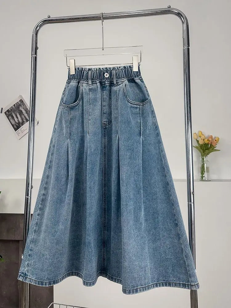 New Denim Long Skirt High Waist Loose Solid Leisure A- Line Umbrella Skirt Spring Autumn Fashion Women's Half Body Skirt