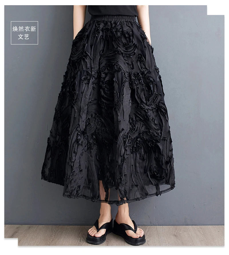 Black Skirt for Women Summer Fashin Heavyweight Chic Design Pleated A-line Easy Match Elastic Waist Dress Female Creative Skirt