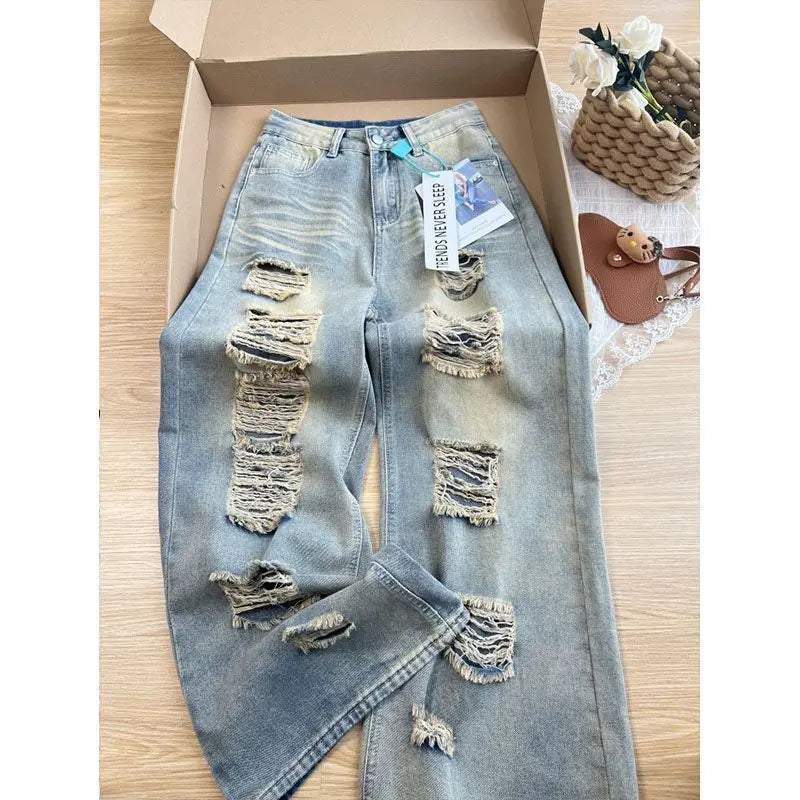 2025 Autumn New Retro Old Ripped Jeans Wide-leg Jeans Women Loose Pants Trousers Baggy Jeans