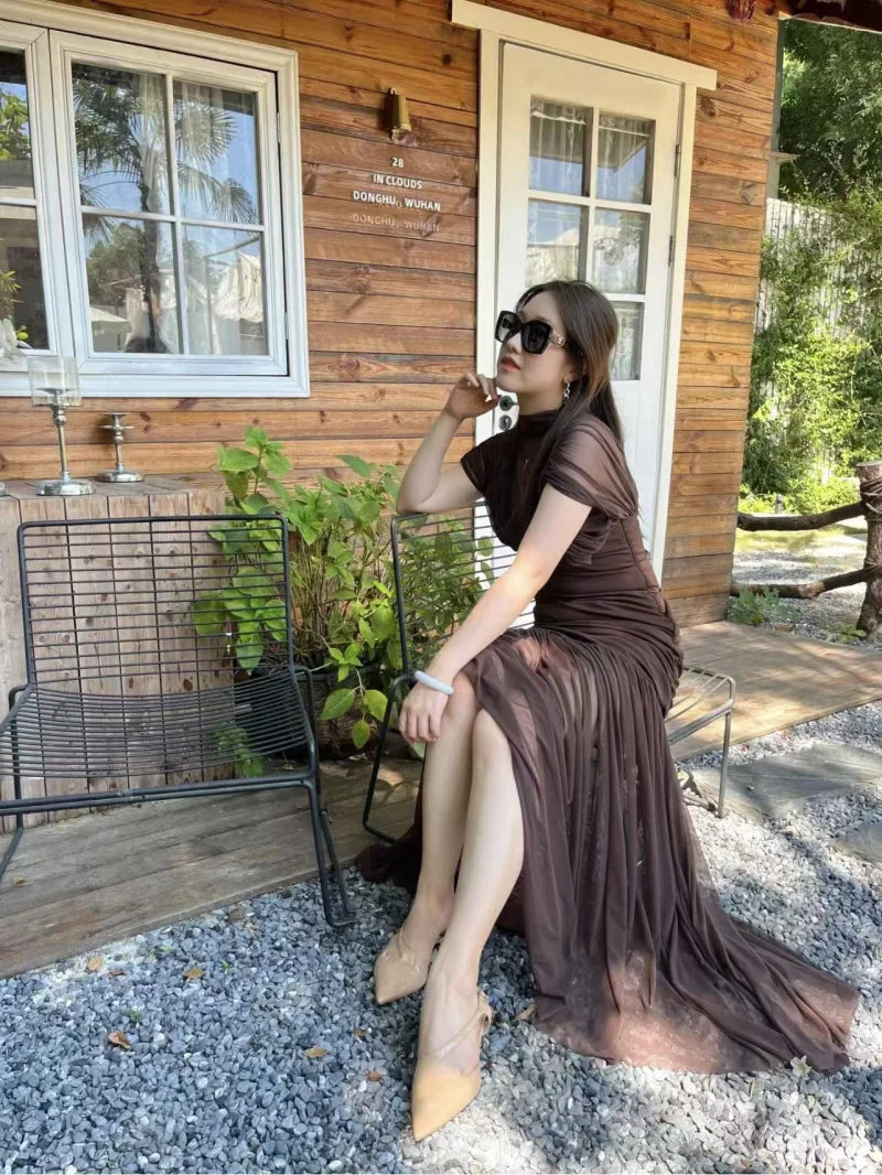 ETJ 2025 new women's party sexy see-through long dress fashion silk mesh stitching stand collar sleeveless dress