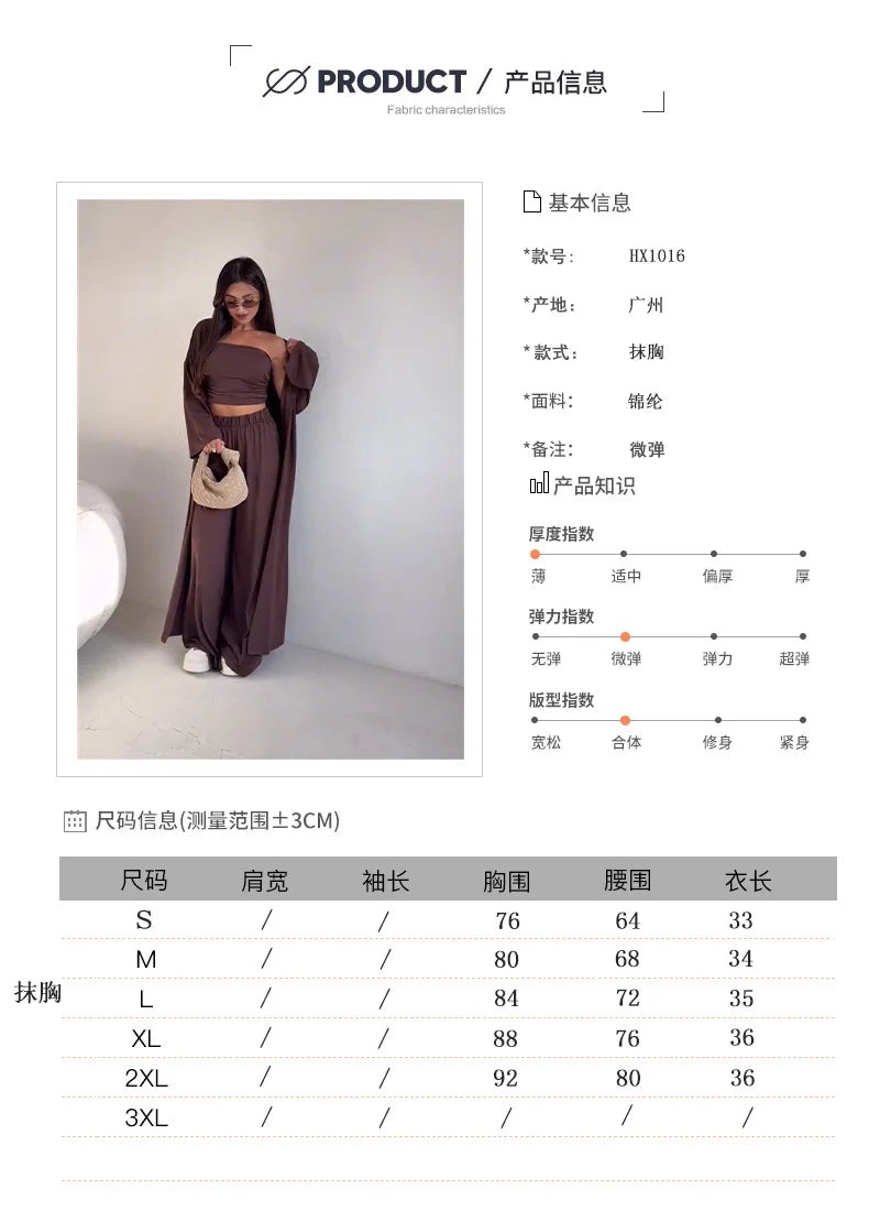 Summer Women's Clothing Casual 3Pcs Strapless Vest Long Cardigan Wide-Leg Pants Suit Lady Elegant Office Wear Outfits for Female