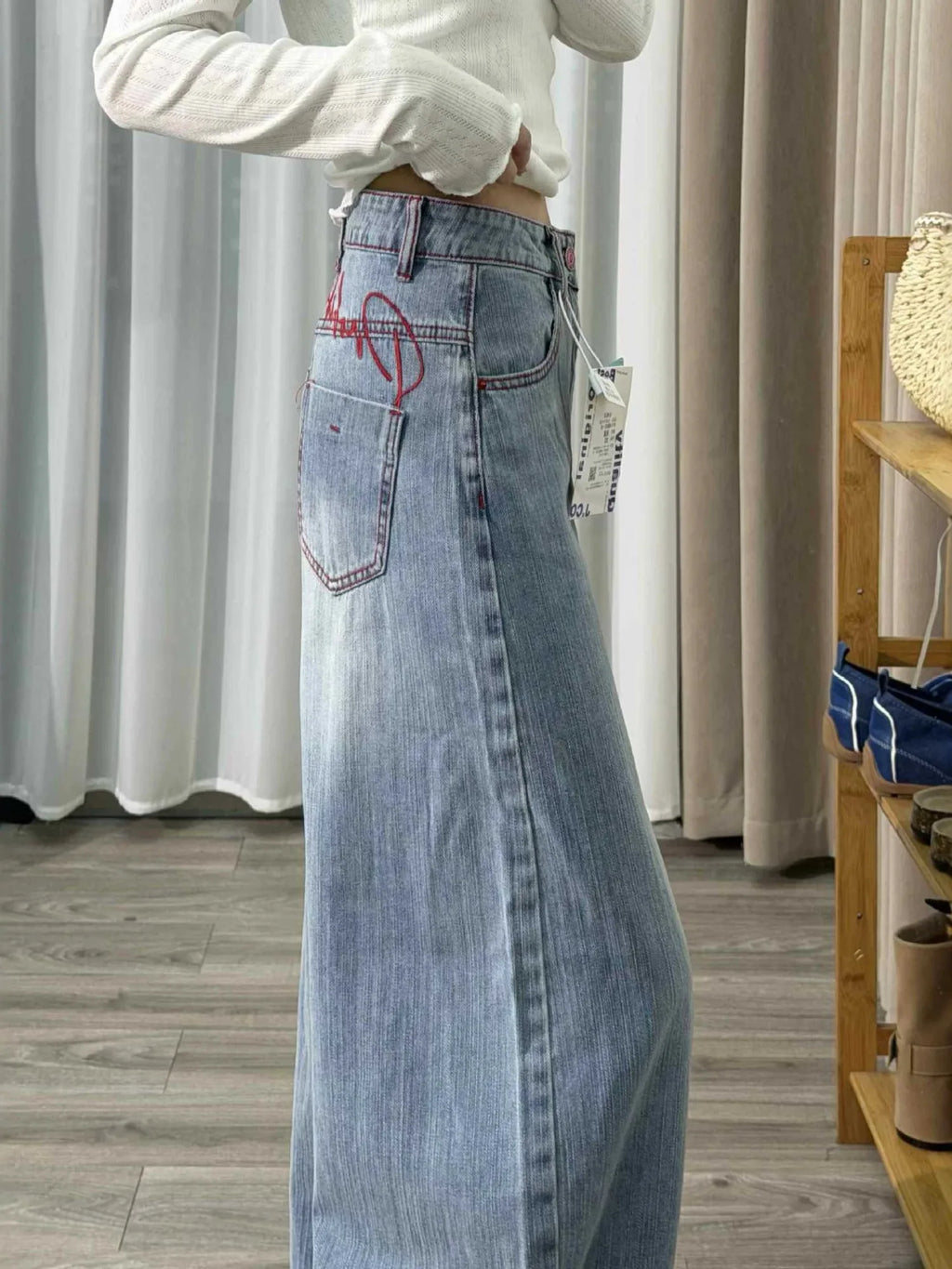 Women's Baggy Jeans Y2K Wide Leg Denim Pants Vintage Washed High Waisted Loose Trousers Red Stitching Streetwear 90s Aesthetic