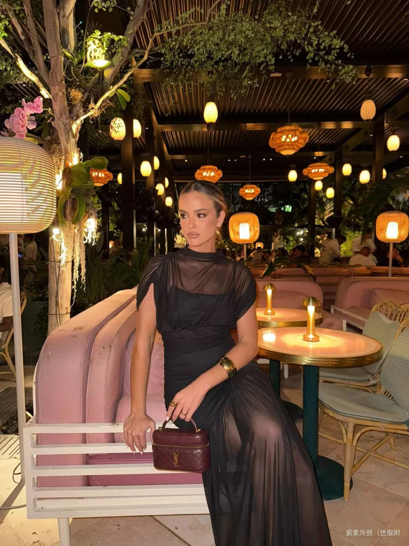 ETJ 2025 new women's party sexy see-through long dress fashion silk mesh stitching stand collar sleeveless dress