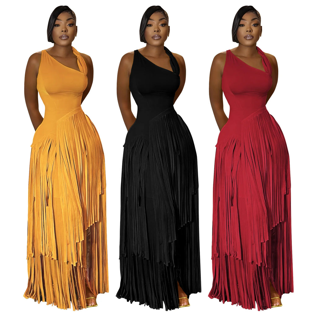 Summer Solid Color Tassel Dress for Women Elegant Slim Fit Women's Dress Fashionable Casual Maxi Dress